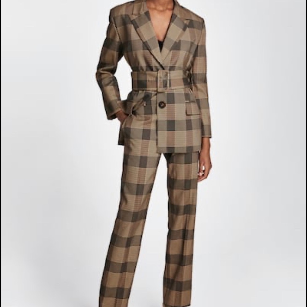 Zara Check Blazer Taupe Brown